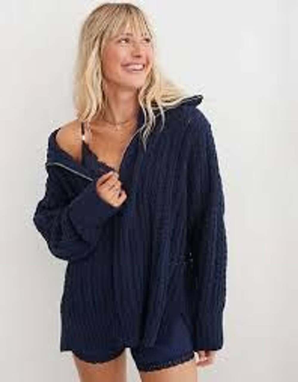 Aerie Navy Blue Quarter Zip Knit Sweater